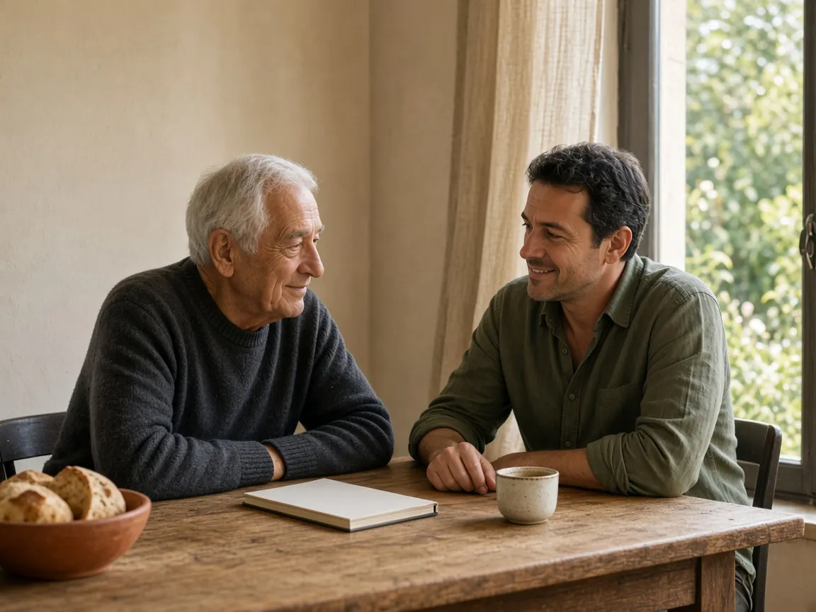 Padre anziano e figlio adulto seduti a un tavolo, con un quaderno chiuso.