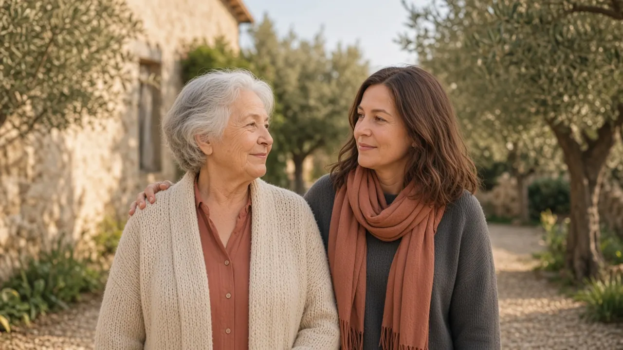 Due donne, una anziana e una adulta, in un viale alberato.