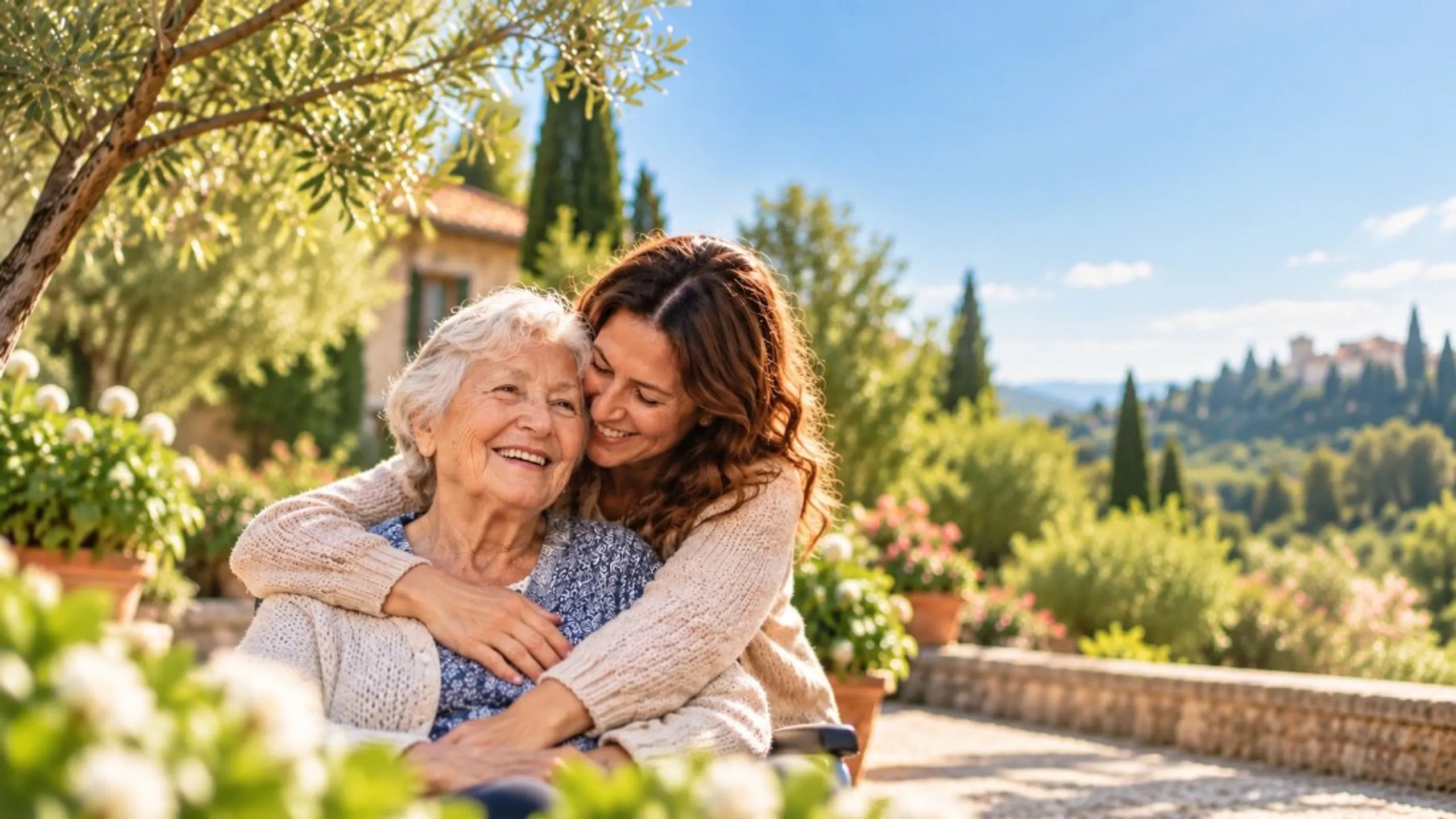 Figlia adulta e madre anziana in un giardino.