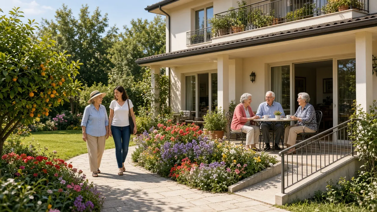 Ospiti a un tavolo in terrazza e due donne che passeggiano nel giardino fiorito di una casa di riposo.